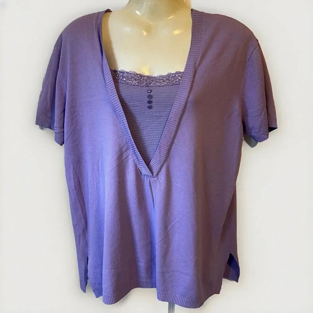 VTG Silk Blend Womens L Short Sleeve Shirt Knit Blouse V Neck Lace Rhinestone